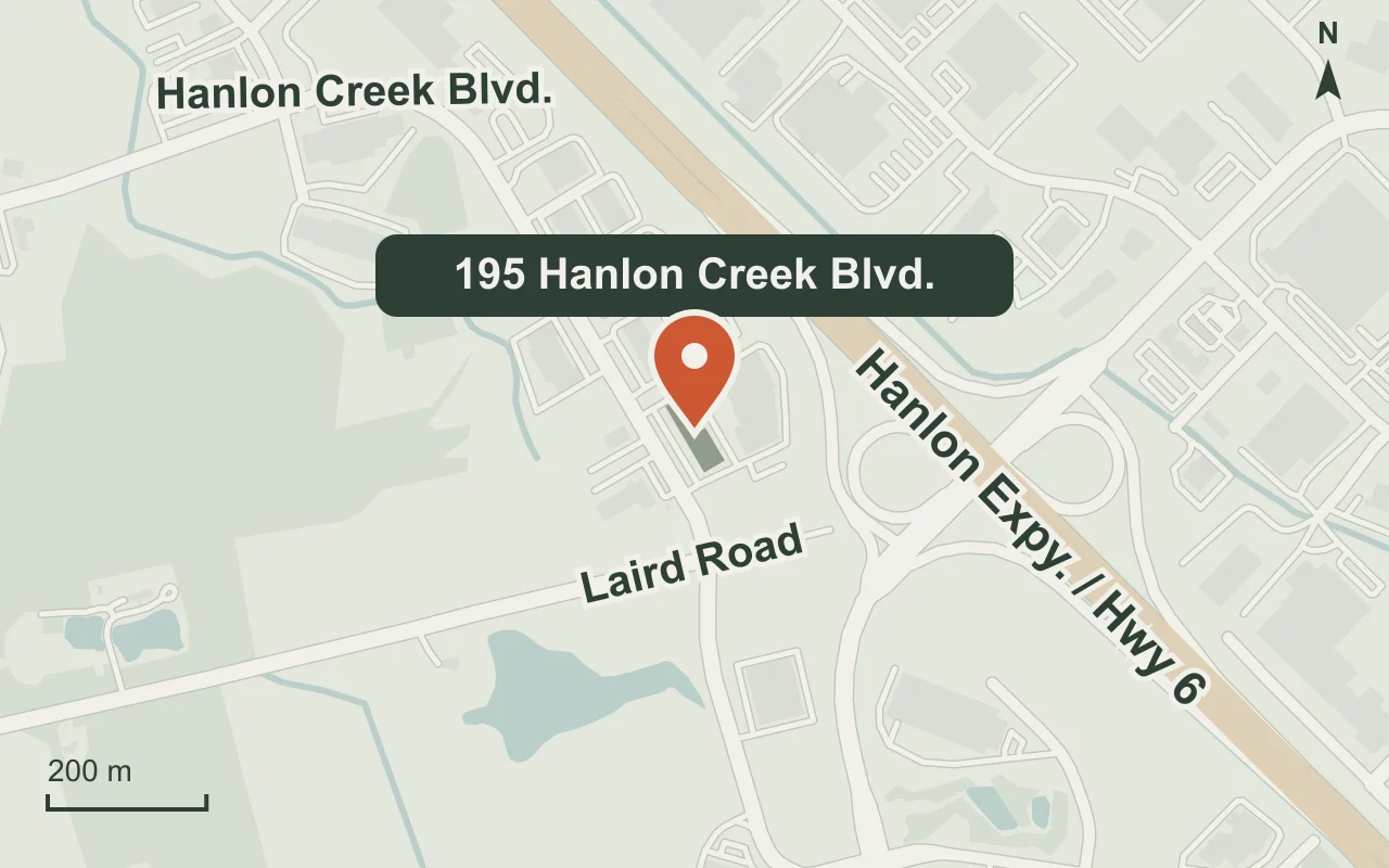 Map marking 195 Hanlon Creek Boulevard in Guelph, near Laird Road and Highway 6.