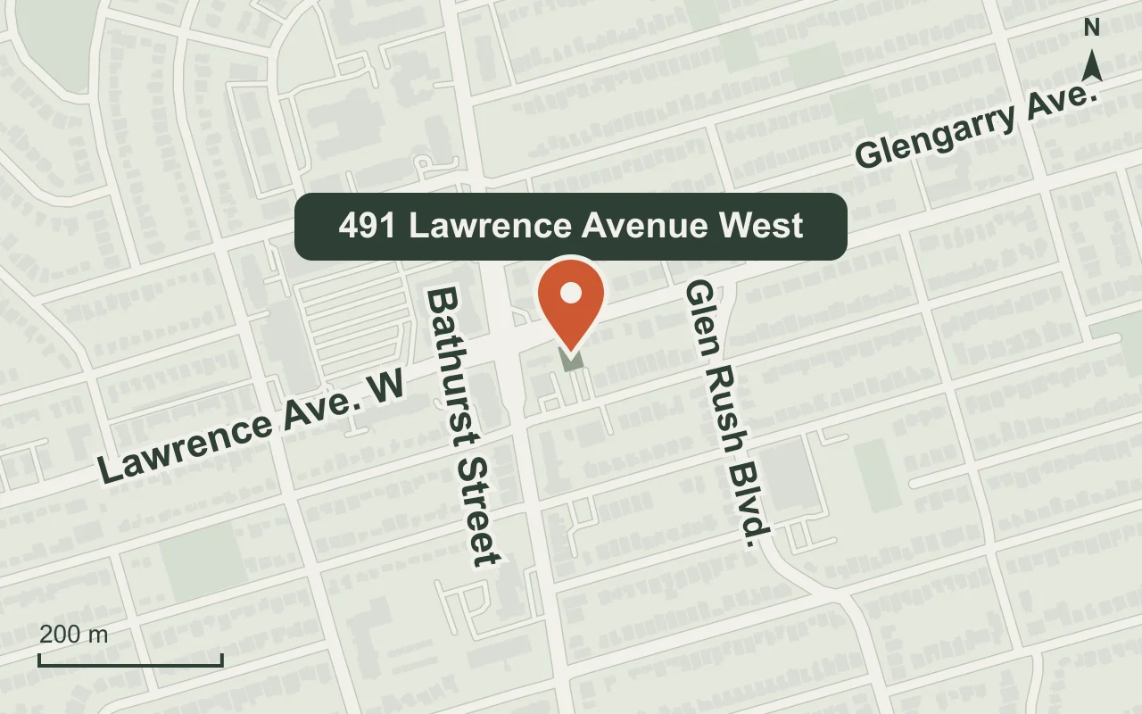 Map marking 491 Lawrence Avenue West in North York, beside Bathurst Street.