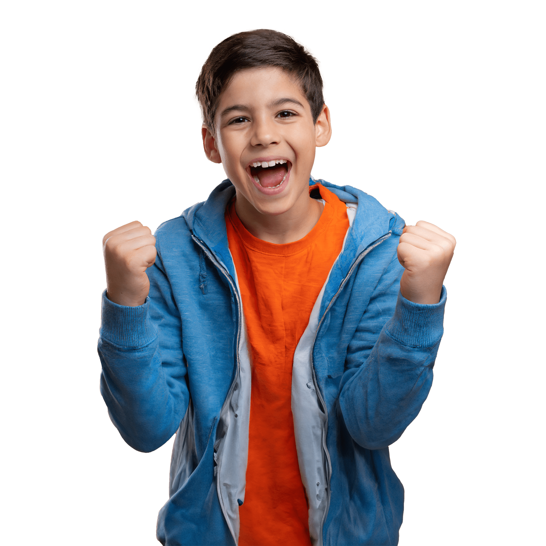 A boy is celebrating with his fists up on a white background.
